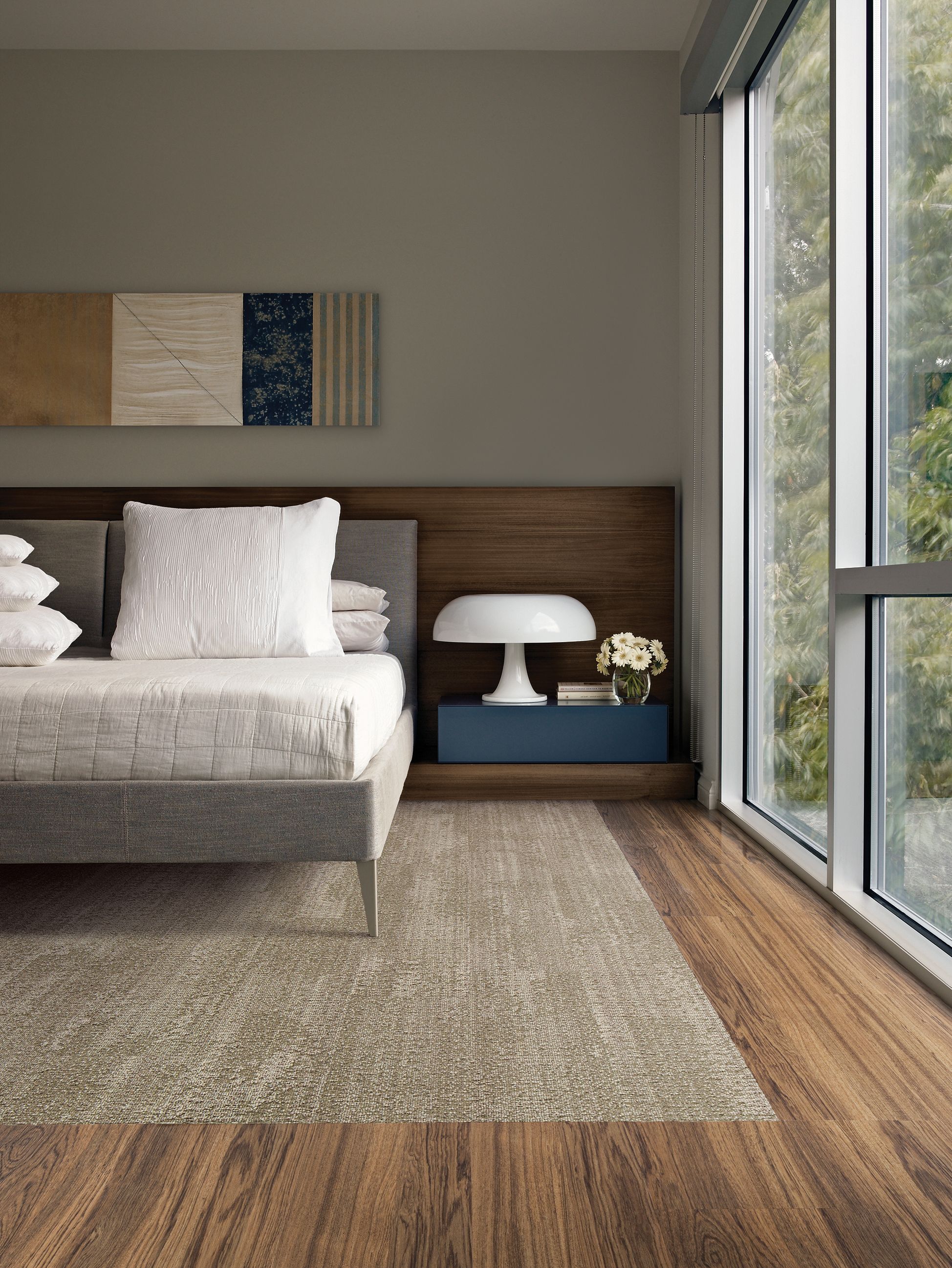 Interface RMS 704 plank carpet tile and Natural Woodgrains LVT in hotel guest room with white lamp image number 7